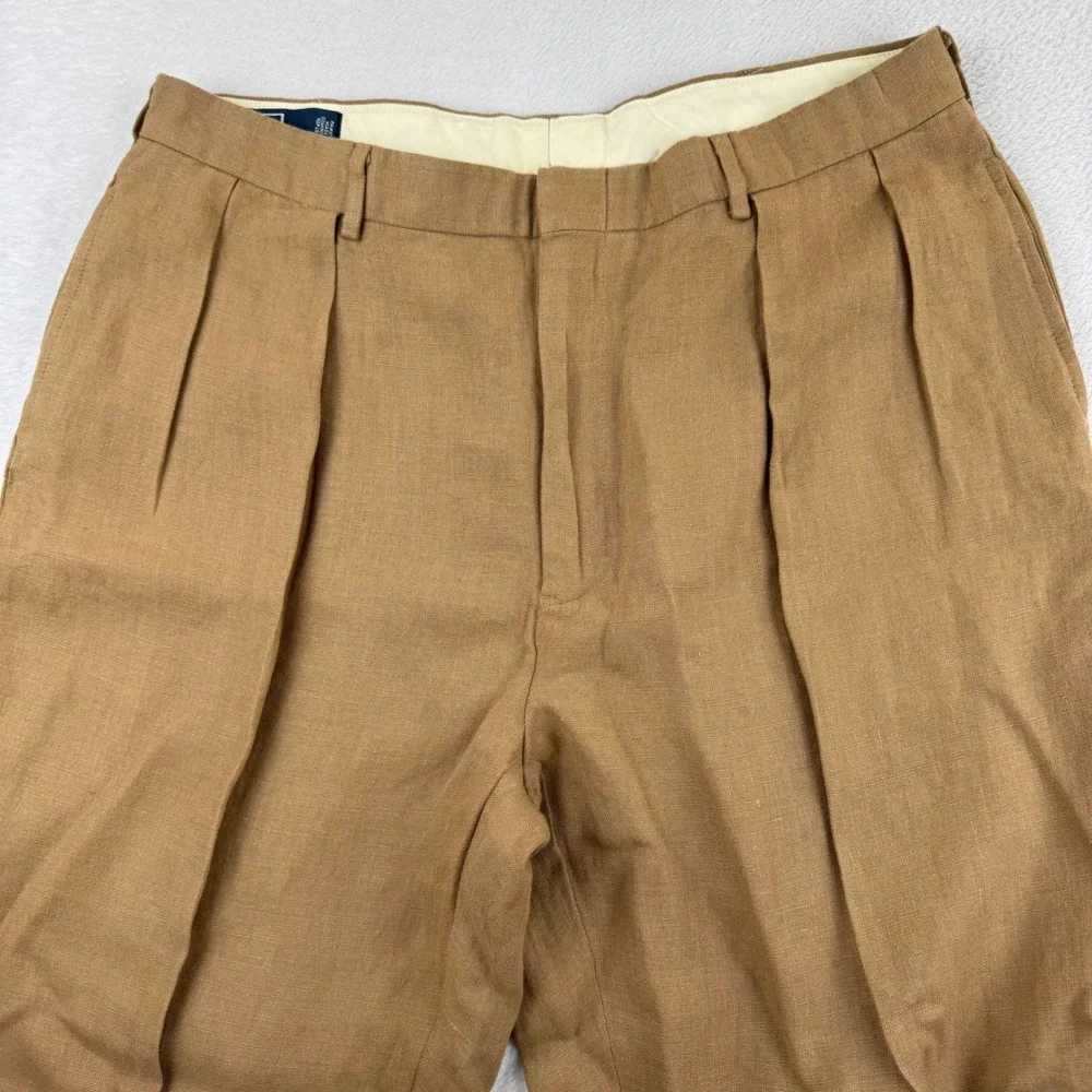 Vintage Polo Ralph Lauren Linen Trousers Mens 38x32 Tan Brown Pleated Cuff Pants